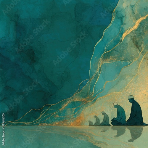 One line art of Muslim prayer with gold and green Eid al-Adha background