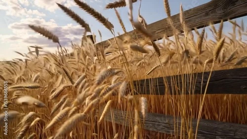Golden Wheat Field Under Blue Sky with Wooden Fence at Sunset in Rural Landscape