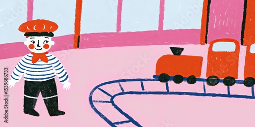A cartoon illustration of a boy in a striped shirt next to a toy train set up