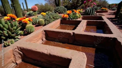 Vibrant Desert Garden with Colorful Flowers and Tall Cacti in Bright, Sunny Atmosphere