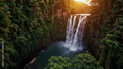 Majestic Waterfall Cascading Through Lush Green Jungle Landscape at Sunset with Vibrant Sky Colors