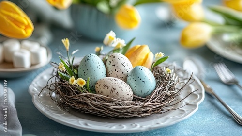 Easter Spring Table Setting with Eggs in Nest, Fresh Yellow Tulips, and Marshmallows