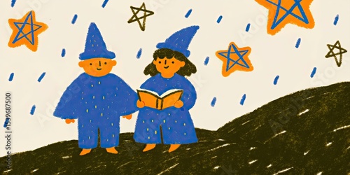 Illustration of two young wizards reading a book under a starry sky on a hill