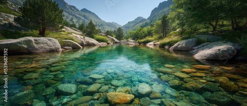Tranquil river reflections mountain landscape nature photography serene environment wide-angle view peaceful concept for nature lovers and outdoor enthusiasts