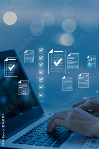 Document management concept, check electronic documents on digital documents on virtual screen Document Management System and process automation to efficiently document paperless operate