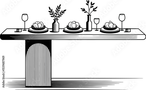 A minimalist line drawing of a dining table set with plates, glasses, and decorative vases with plants