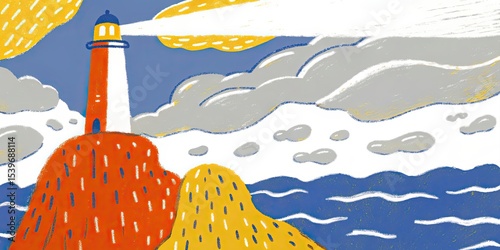 Illustration of a lighthouse on a hill with clouds and ocean in the background