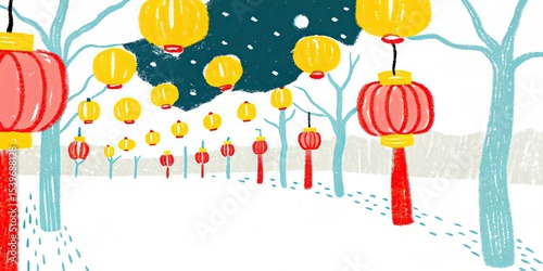 Winter scene with hanging lanterns in yellow and red along a snowy path at night