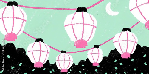 A whimsical illustration of lanterns hanging against a mint green sky at night