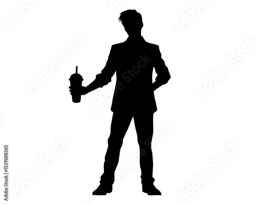 Silhouette of man holding drink cup, drink advertising model, isolated icon on white background