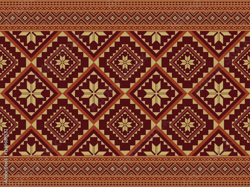 Seamless geometric fabric pattern represents the art and culture of the tribe. It uses dark red and brown tones, giving it a luxurious feel and adding prominence to the pattern. It is used for textile