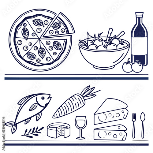 blue and white simple doodle food icons minimal style
