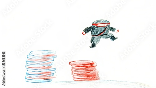 A cartoon ninja jumping between stacks of pancakes on a white background art