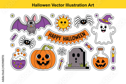 Happy Halloween Sticker Pack Vector Illustration Art Set