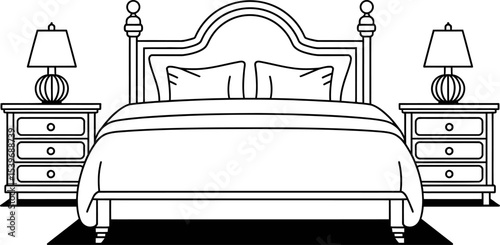 Illustration of a bedroom with a bed nightstands and lamps in a black and white color scheme