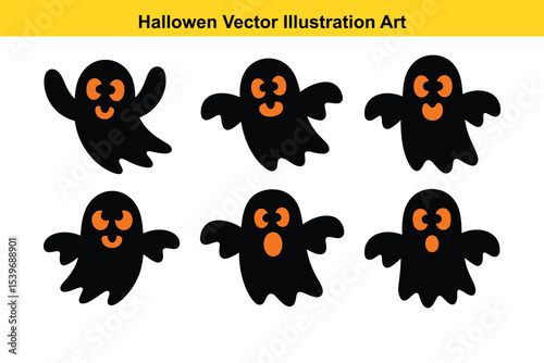 Cute Halloween Ghost Vector Illustration Set - Spooky Character Icons