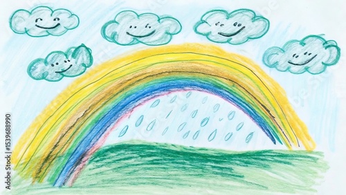 A child's drawing of a rainbow with smiling clouds and raindrops over green grass