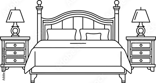 A bedroom scene with a bed, two nightstands, and two lamps in a black and white line drawing style
