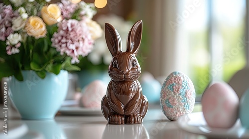 Easter Table Decor with Chocolate Bunny for Holiday Celebration