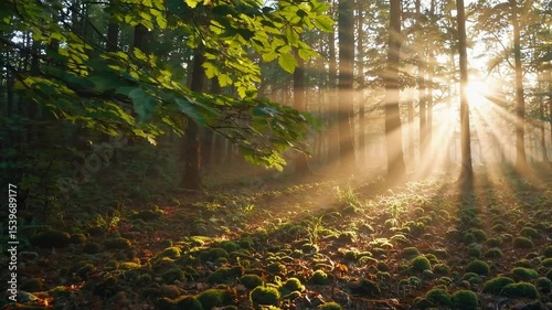 Sunlight Filtering Through Trees in Lush Forest Creating Magical Atmosphere and Serene Environment