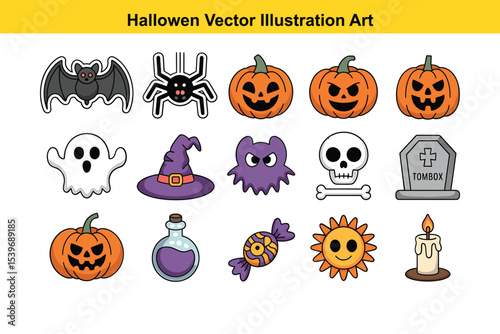 Halloween Cute Spooky Vector Illustration Art Set - Holiday Icons
