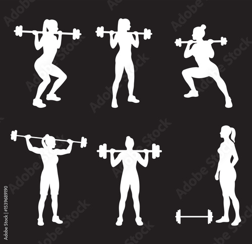 Six Silhouettes of Female Weightlifters in Various Poses on Transparent Background. EPS 10.