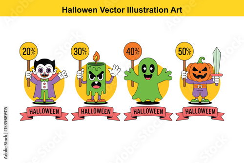 Halloween Sale Discount Characters Vector Illustration Set