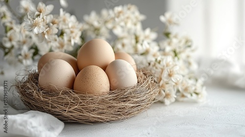 Easter table decor with eggs in straw nest isolated on white background