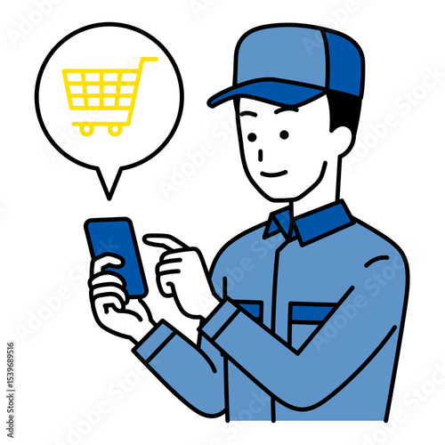 スマートフォンでネットショッピングをするつなぎ作業服の男性