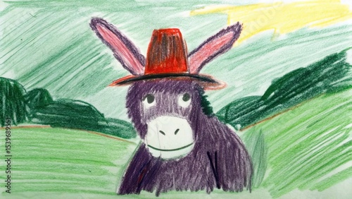 A crayon drawing of a purple donkey wearing a red hat in a green landscape scene
