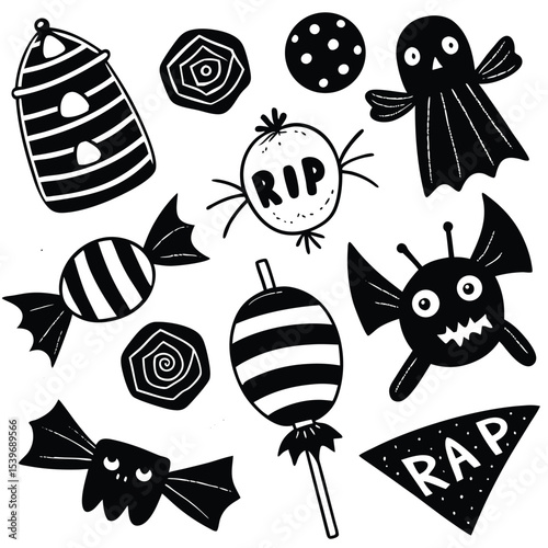 Spooky black and white halloween candies and creatures design featuring cute bats ghosts and treats for the holiday season