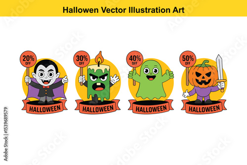 Halloween Sale Discount Characters Vector Illustration Set