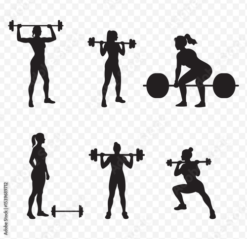 Weight Training icon vector illustration. Weightlifting Silhouette Set Powerlifting Fitness Exercise on Transparent Background. EPS 10.