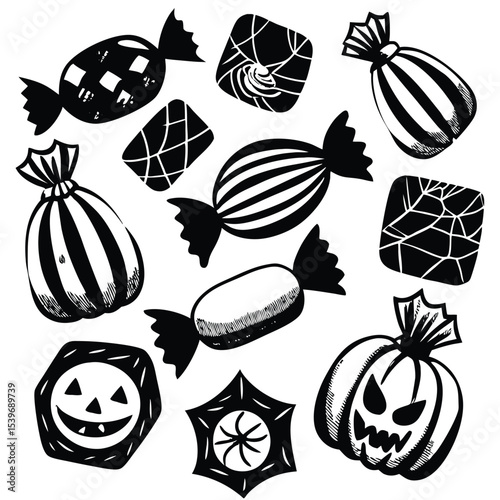 Black and white halloween candy and pumpkin decorations illustration with detailed ink vector graphics on white background
