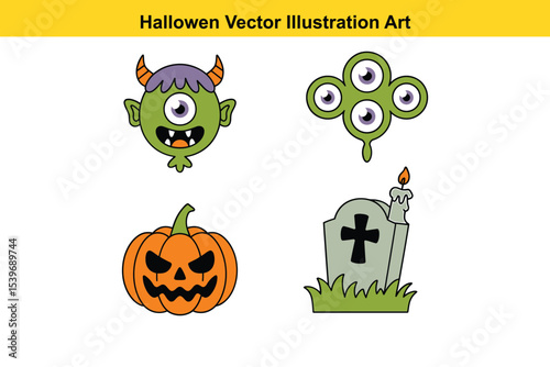 Halloween Monster and Spooky Objects Vector Illustration Art Set