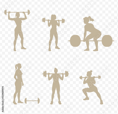 Weightlifting silhouette. Vector Set Silhouette of Women Squat Exercises Workout Isolated on Transparent Background. Eps 10.