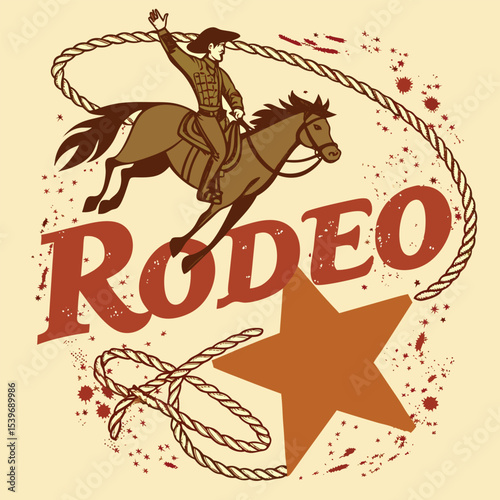 Vintage rodeo illustration featuring a cowboy riding a horse with a lasso, star, and rodeo text design
