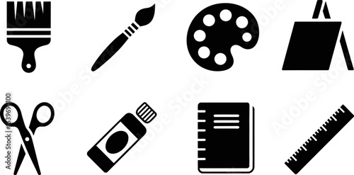 Illustration of art supplies including brushes palette scissors and easel in black and white style