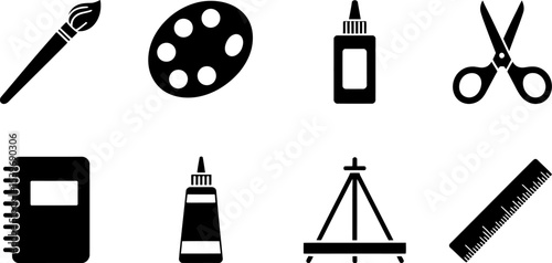 An assortment of art and craft supplies including paint brush palette glue scissors notebook and easel icon