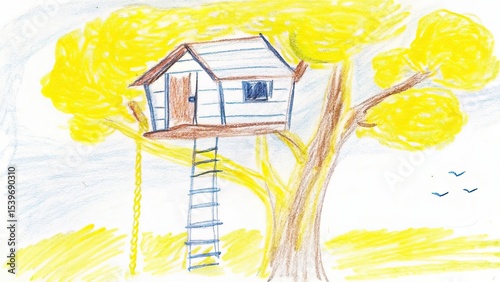 A child's drawing of a treehouse with a ladder and a rope swing in a treehouse