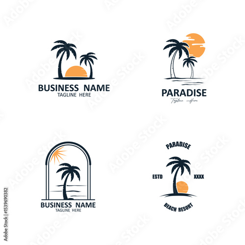set of summer beach logo with palm tree logo design