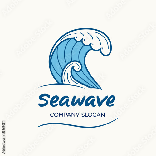 Elegant seawave logo design featuring a blue wave illustration with company name and slogan in decorative script font.