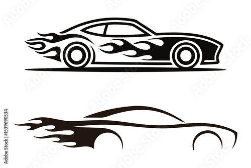 Fast Sports Car Silhouette Icon Set with Flames for Automotive and Tuning Service On White Background
