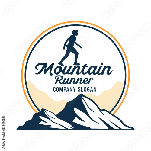 A stylish logo design for a mountain runner company depicting a silhouette of a runner in front of mountains.