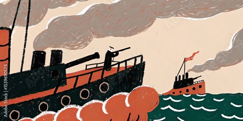 Illustration of two warships with smoke and a sailor aiming a rifle on a warship