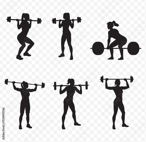 Weight Training icon vector illustration. Weightlifting Silhouette Set Powerlifting Fitness Exercise on Transparent Background. EPS 10.