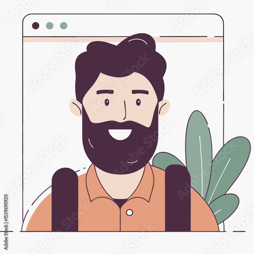 Bearded man in virtual meeting window flat illustration