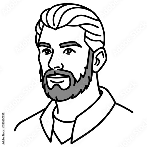 Bearded man in collared shirt black and white line drawing