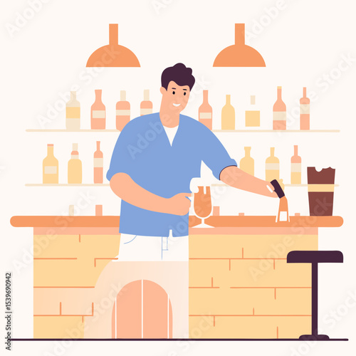 Bartender pouring drink in modern bar interior illustration