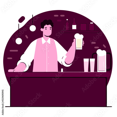 Bartender serving beer at bar in dark flat vector style